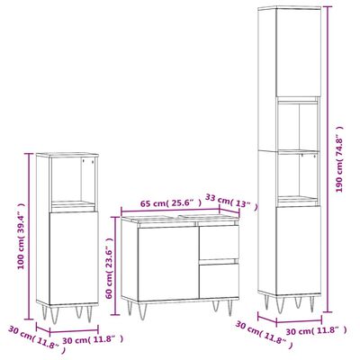 vidaXL Set mobilier de baie, 3 piese, stejar sonoma, lemn prelucrat