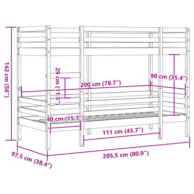 vidaXL Pat supraetajat, alb, 90x200 cm, lemn masiv de pin