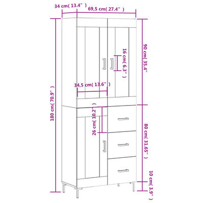 vidaXL Dulap înalt, alb extralucios, 69,5x34x180 cm, lemn compozit