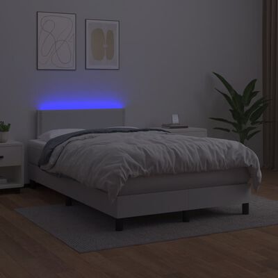 vidaXL Pat cu arcuri, cu saltea și LED, alb, 120x190 cm, piele eco