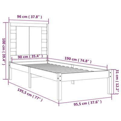 vidaXL Cadru de pat single, negru, 90x190 cm, lemn masiv