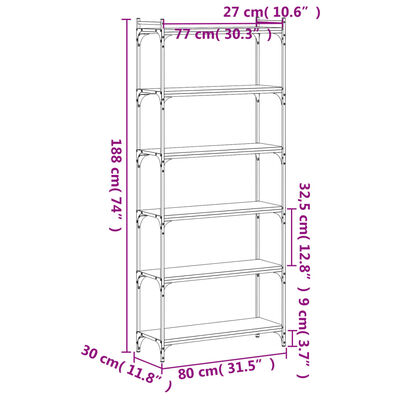 vidaXL Bibliotecă cu 6 niveluri, negru, 80x30x188 cm, lemn prelucrat