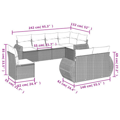 vidaXL Set mobilier de grădină cu perne, 8 piese, negru, poliratan