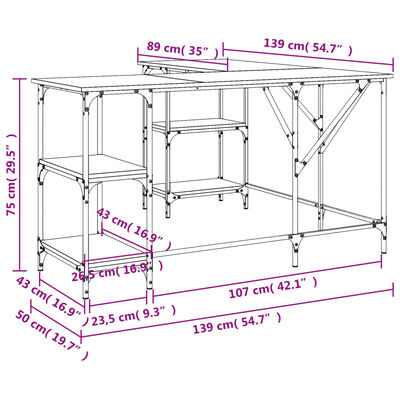 vidaXL Birou, stejar afumat, 139x139x75 cm, lemn prelucrat