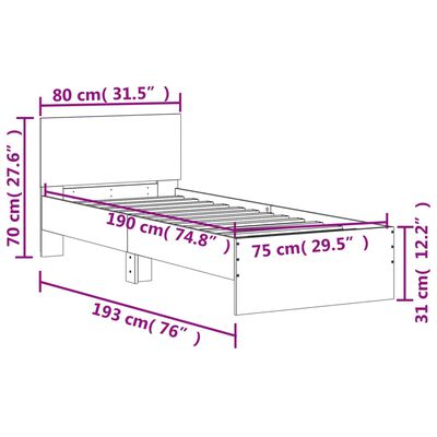 vidaXL Cadru de pat cu tăblie și lumini LED, stejar maro, 75x190 cm