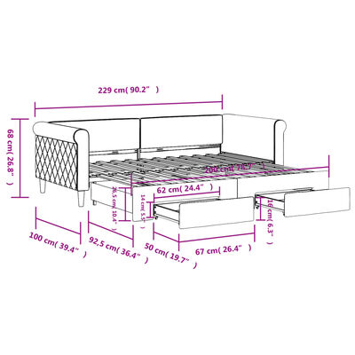 vidaXL Pat de zi cu extensie și sertare, gri deschis 90x200 cm catifea