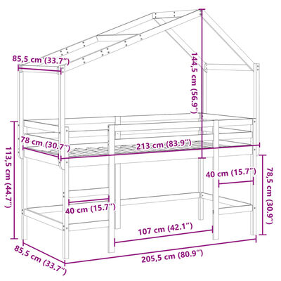 vidaXL Pat etajat cu scară și acoperiș, alb, 80x200 cm, lemn masiv pin