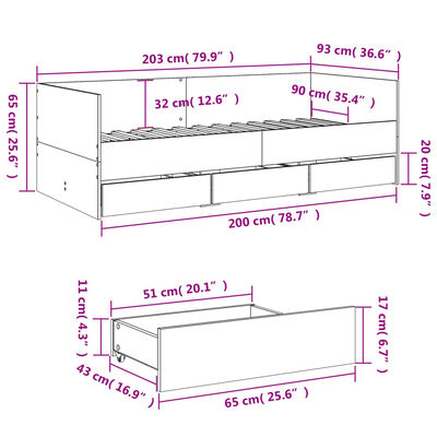 vidaXL Pat de zi cu sertare fără saltea, gri sonoma, 90x200 cm