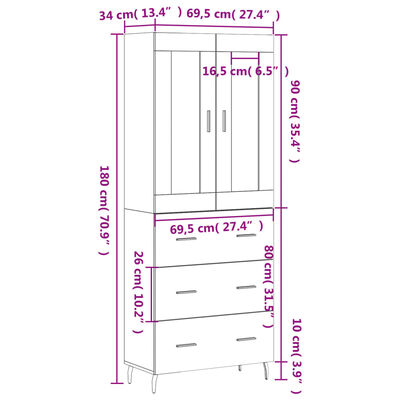 vidaXL Dulap înalt, negru, 69,5x34x180 cm, lemn compozit