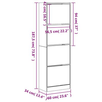 vidaXL Dulap de pantofi cu 4 sertare rabatabile, negru, 60x34x187,5 cm