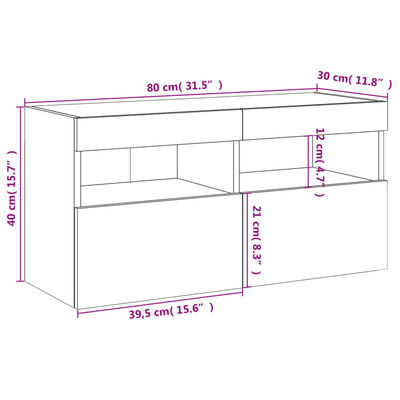 vidaXL Comodă TV de perete cu lumini LED, alb, 80x30x40 cm