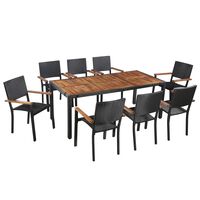 vidaXL Set mobilier de exterior, 9 piese negru, poliratan, lemn acacia