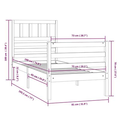 vidaXL Cadru de pat mic single, 75x190 cm, lemn masiv