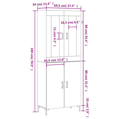 vidaXL Dulap înalt, alb extralucios, 69,5x34x180 cm, lemn compozit