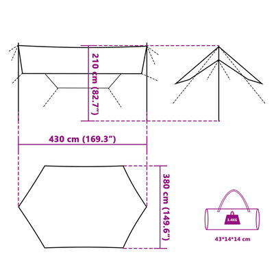 vidaXL Prelată de camping, verde, 430x380x210 cm, impermeabilă