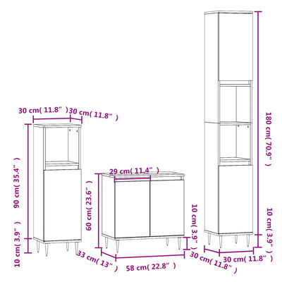 vidaXL Set mobilier de baie, 3 piese, gri sonoma, lemn prelucrat