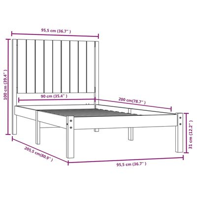 vidaXL Cadru de pat, gri, 90x200 cm, lemn masiv de pin