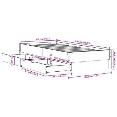 vidaXL Cadru pat fără saltea, alb, 100x200 cm, lemn masiv pin