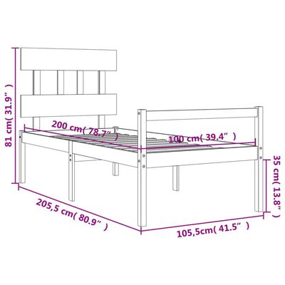 vidaXL Cadru de pat senior cu tăblie, 100x200 cm, gri, lemn masiv