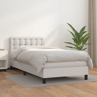 vidaXL Pat box spring cu saltea, alb, 90x200 cm, piele ecologică