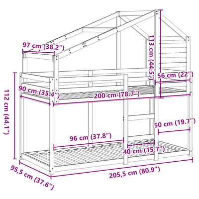 vidaXL Pat supraetajat cu acoperiș maro ceruit 90x200cm lemn masiv pin