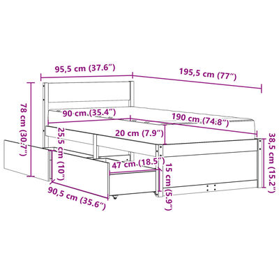 vidaXL Pat cu sertare și saltea, 90x190 cm, lemn masiv pin