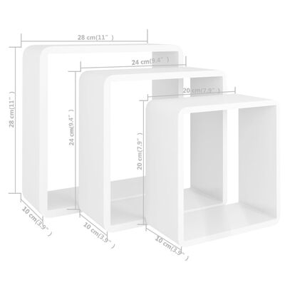 vidaXL Rafturi de perete cub, 3 buc., alb, MDF