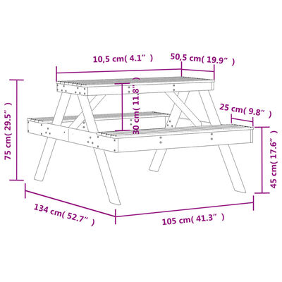 vidaXL Masă de picnic, 105x134x75 cm, lemn masiv de pin