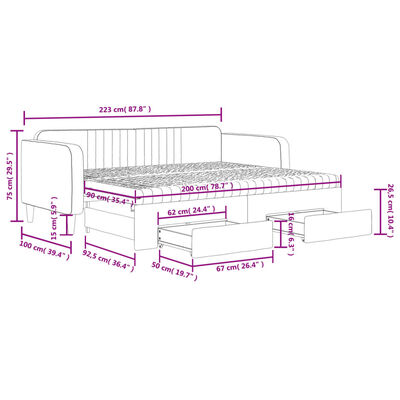 vidaXL Pat de zi cu extensie și sertare, gri deschis 90x200 cm catifea