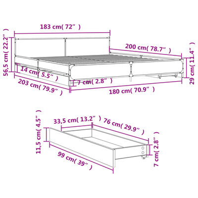 vidaXL Cadru de pat cu sertare, negru, 180x200 cm, lemn prelucrat