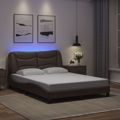 vidaXL Cadru de pat cu lumini LED, maro, 140x190 cm, piele ecologică