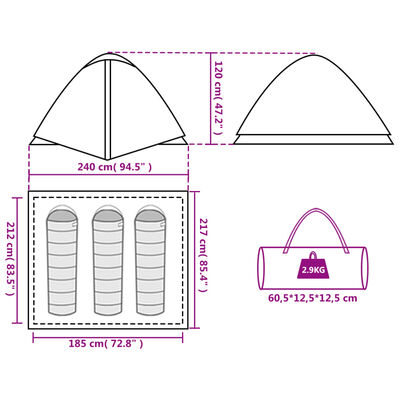 vidaXL Cort de camping cupolă pentru 3 persoane, verde, impermeabil