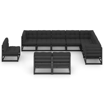 vidaXL Set mobilier grădină cu perne, 10 piese, negru, lemn masiv pin