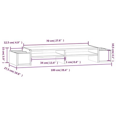 vidaXL Suport pentru monitor, gri, 100x27,5x15 cm, lemn masiv pin