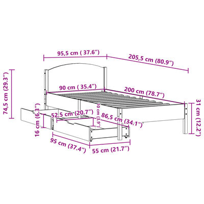 vidaXL Cadru de pat fără saltea, alb, 90x200 cm, lemn masiv pin