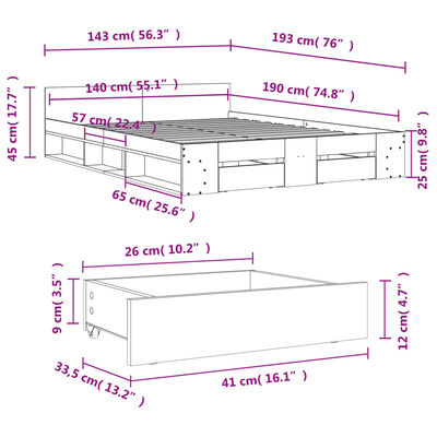 vidaXL Cadru de pat cu sertare, gri beton, 140x190 cm, lemn prelucrat