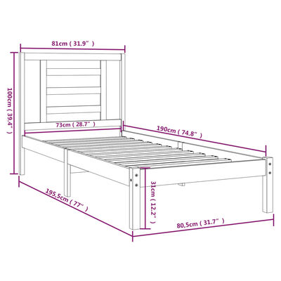 vidaXL Cadru de pat mic single, alb, 75x190 cm, lemn masiv