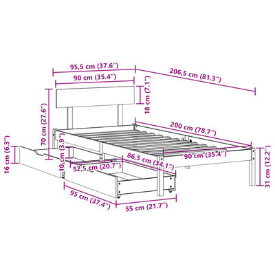 vidaXL Cadru de pat fără saltea, alb, 90x200 cm, lemn masiv pin