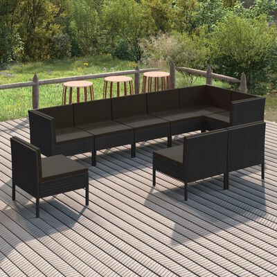 vidaXL Set mobilier de grădină cu perne, 9 piese, negru, poliratan