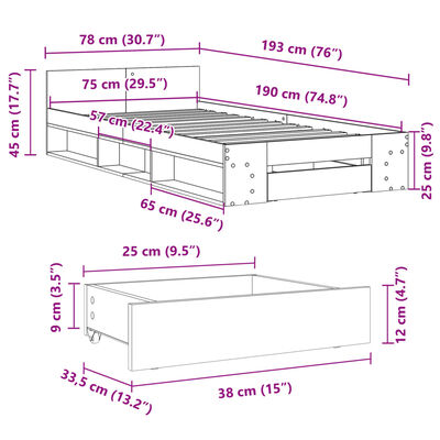 vidaXL Cadru de pat cu sertar, gri beton, 75x190 cm, lemn prelucrat