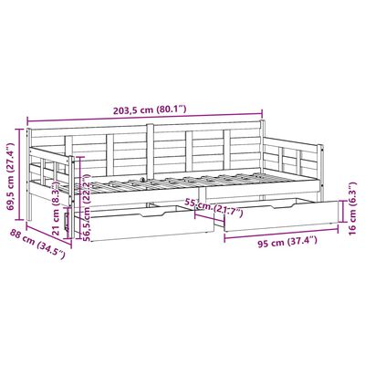 vidaXL Pat de zi cu sertare, alb, 80x200 cm, lemn masiv pin