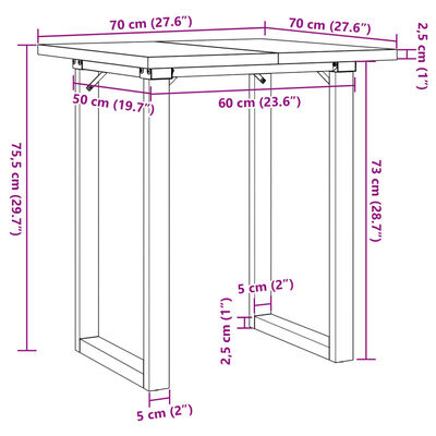 vidaXL Masă bucătărie, cadru O, 70x70x75,5 cm lemn masiv pin și fontă