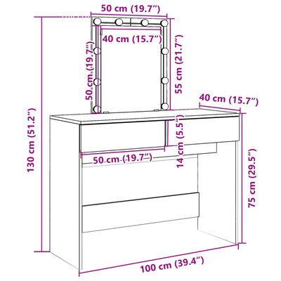 vidaXL Masă de toaletă cu LED, stejar afumat, 100x40x130 cm