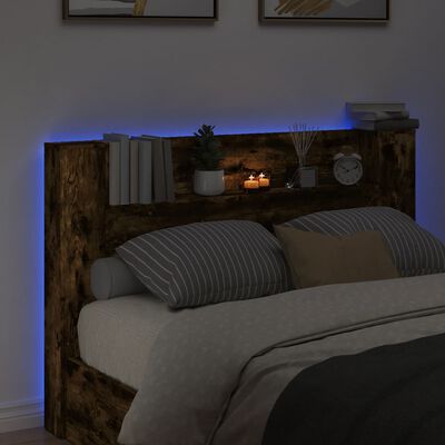 vidaXL Tăblie de pat cu dulap și LED, stejar fumuriu, 160x16,5x103,5cm