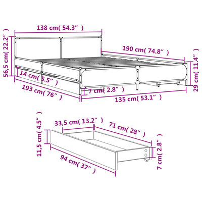 vidaXL Cadru de pat cu sertare, gri sonoma, 135x190 cm, lemn prelucrat