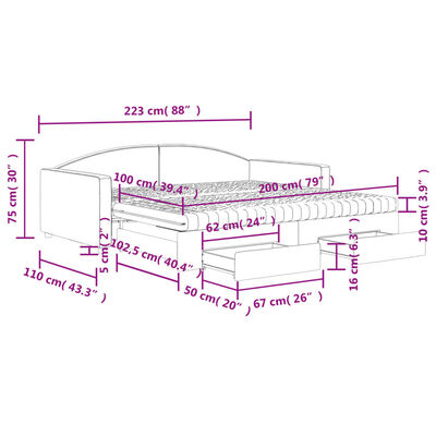 vidaXL Pat de zi cu extensie și sertare, crem, 100x200 cm, textil