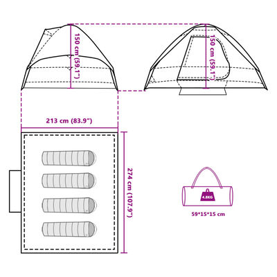 vidaXL Cort de camping cupolă pentru 4 persoane, verde, impermeabil