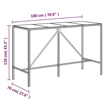 vidaXL Masă de bar cu blat din sticlă, maro, 180x70x110 cm, poliratan