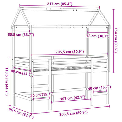 vidaXL Pat etajat cu scară și acoperiș, alb, 80x200 cm, lemn masiv pin