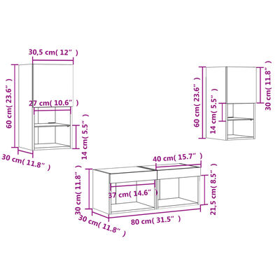 vidaXL Comode TV de perete cu lumini LED, 4 piese, gri beton